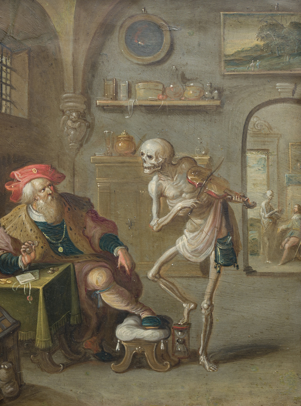 Frans II Francken (1581-1642) et atelier: 'La Mort et l'Avare', huile sur cuivre