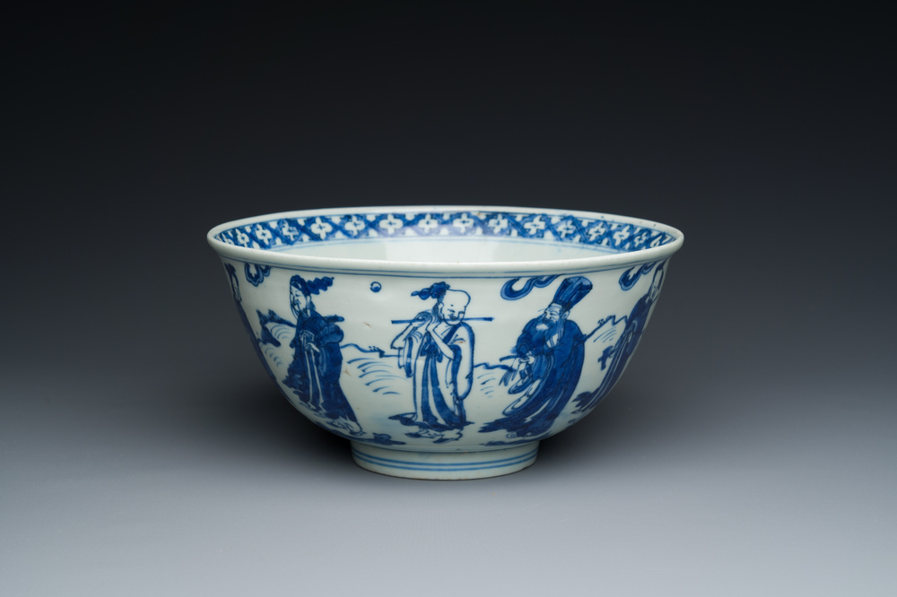 A Chinese blue and white 'Eight immortals' bowl, Wanli mark