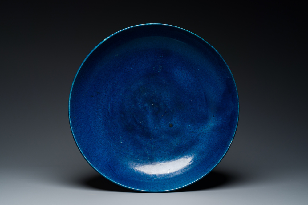 A very large Chinese monochrome blue-glazed dish, Kangxi