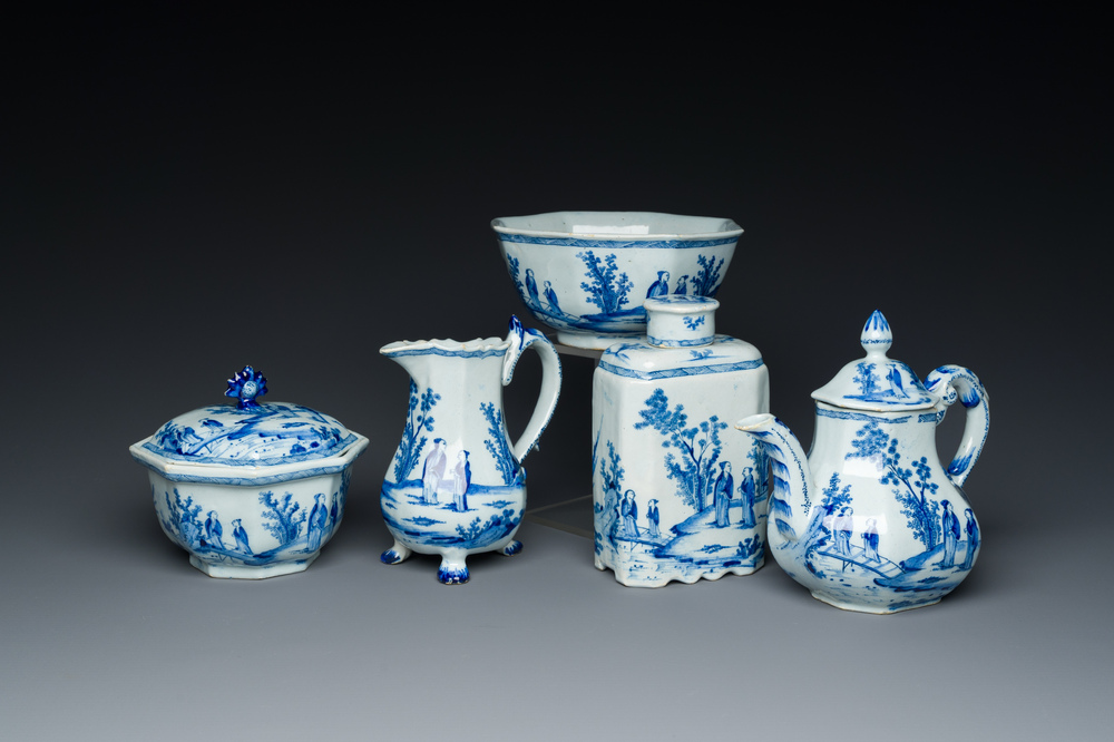 An extremely rare Dutch Delft blue and white five-piece tea service, 18th C.