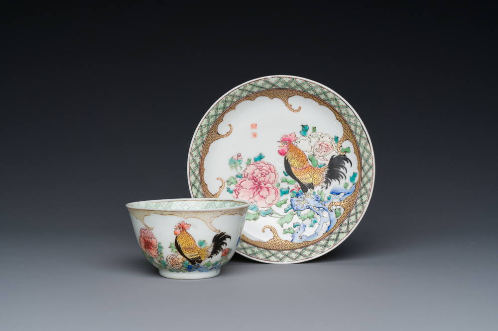 A rare Chinese semi-eggshell famille rose 'rooster' tea cup and saucer, Baiyun Shanren 白雲山人 seal mark, Yongzheng