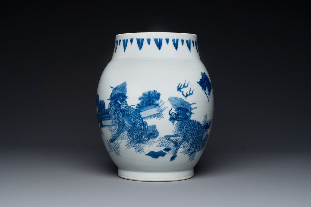 A Chinese blue and white 'qilins' vase, Transitional period