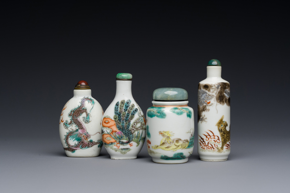 Four Chinese famille rose and verte snuff bottles, 19th C.