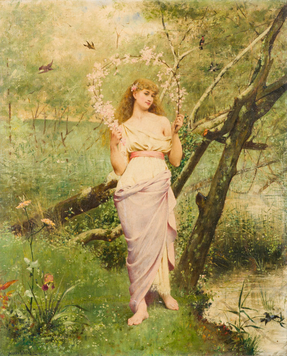 Jacques-Cl&eacute;ment Wagrez (Ecole fran&ccedil;aise, 1850-1908): 'Jeune femme &agrave; la guirlande', huile sur toile, dat&eacute;e 1881