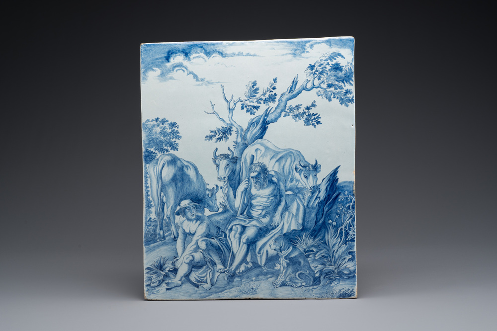 Grande plaque de forme rectangulaire en fa&iuml;ence de Delft en bleu et blanc, 2&egrave;me moiti&eacute; du 18&egrave;me