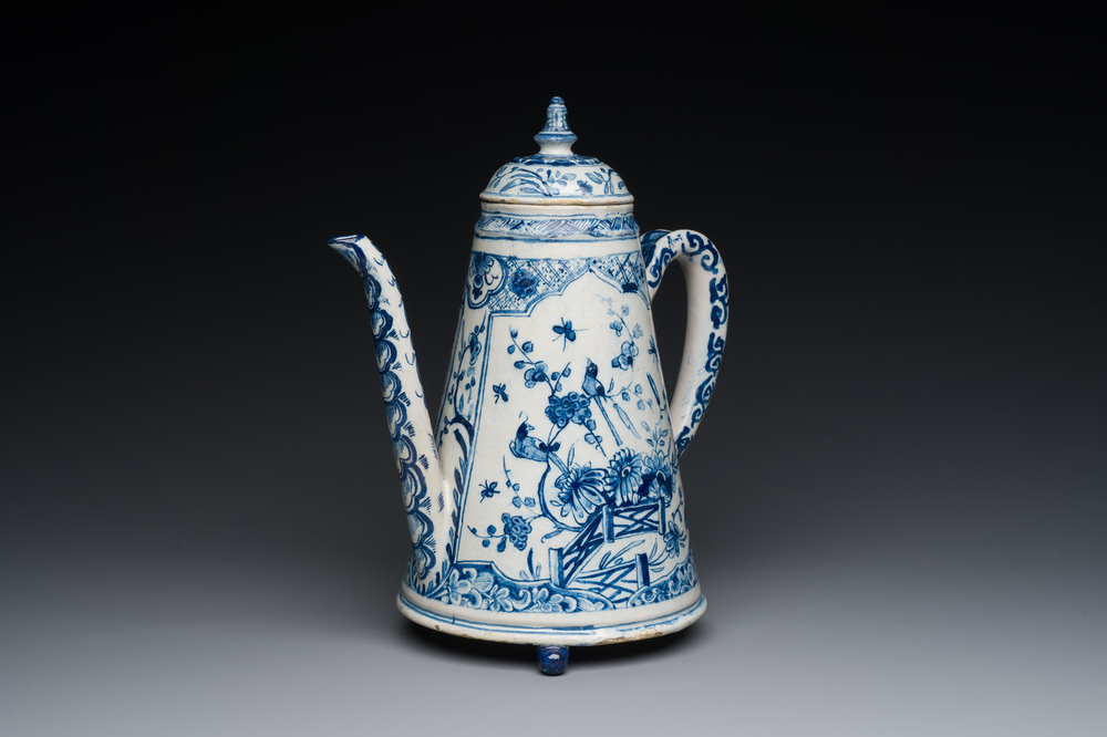 A rare Dutch Delft blue and white coffeepot, dated 1732