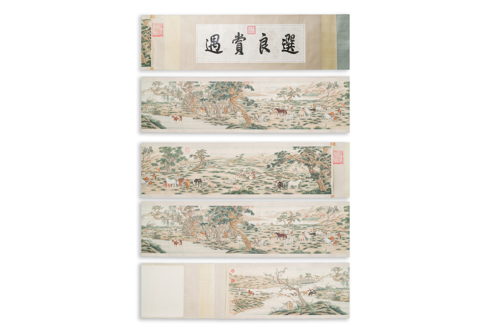 Chinese school, after Giuseppe Castiglione 郎世寧 (1688-1766): '100 horses', handscroll, ink and colour on paper, 18/19th C.