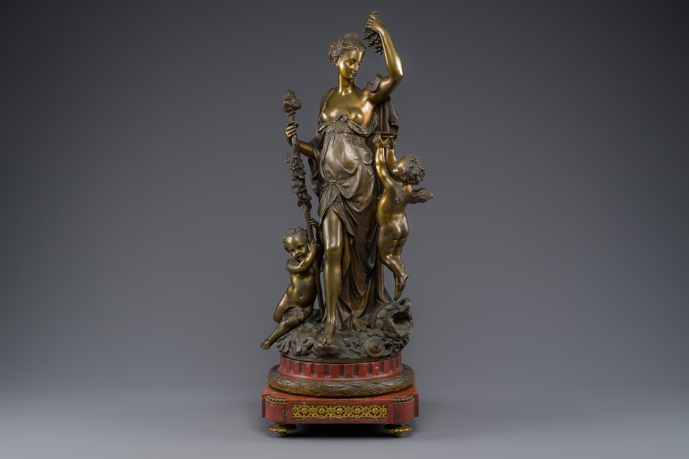 Jean Didier Debut (1824-1893) : 'La d&eacute;esse romaine Pomona', une repr&eacute;sentation all&eacute;gorique de la r&eacute;colte, bronze en partie dor&eacute; sur socle en marbre