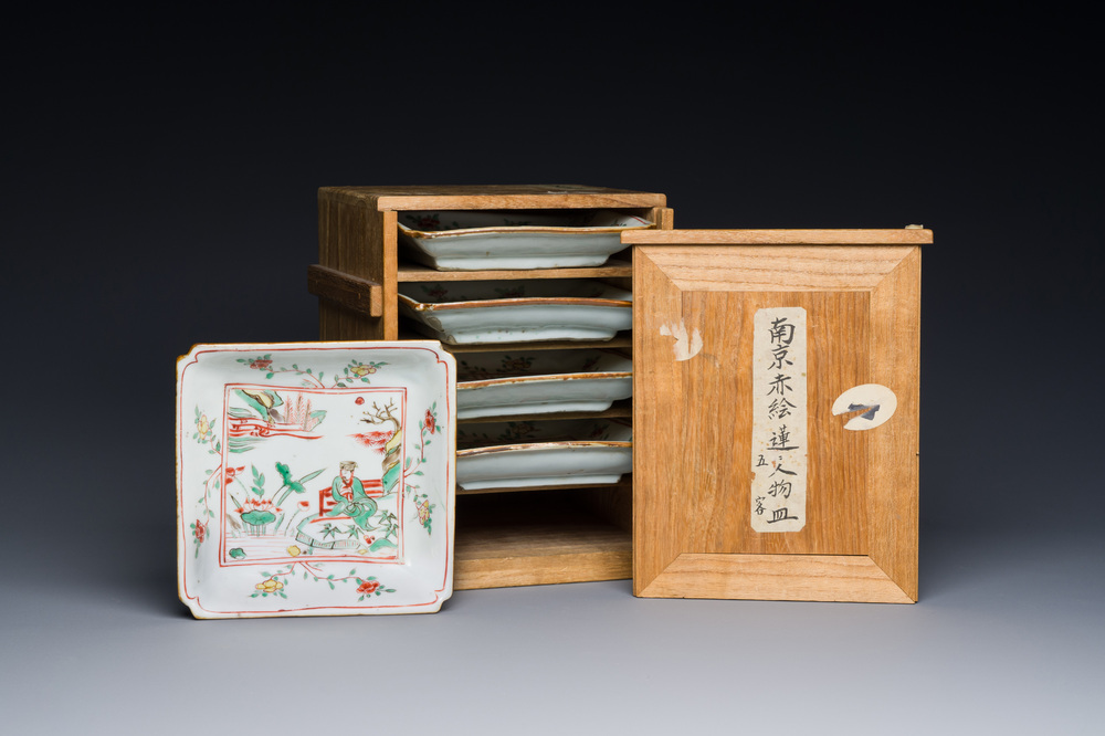 An exceptional set of five Chinese square wucai ko-sometsuke dishes for the Japanese market, Transitional period