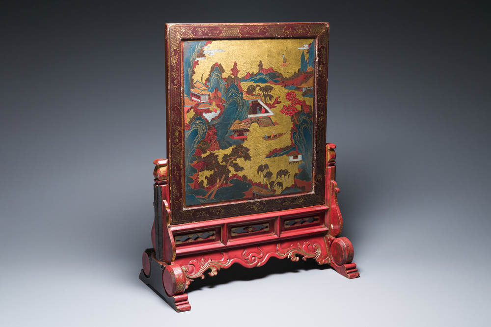A Chinese gilt-lacquered and painted wooden table screen, Shanxi, 16/17th C.