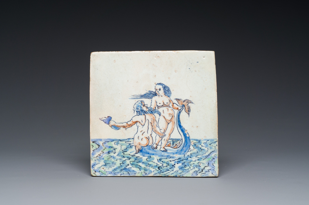 A polychrome Dutch Delft 'seacreatures' tile, Rotterdam, early 17th C.