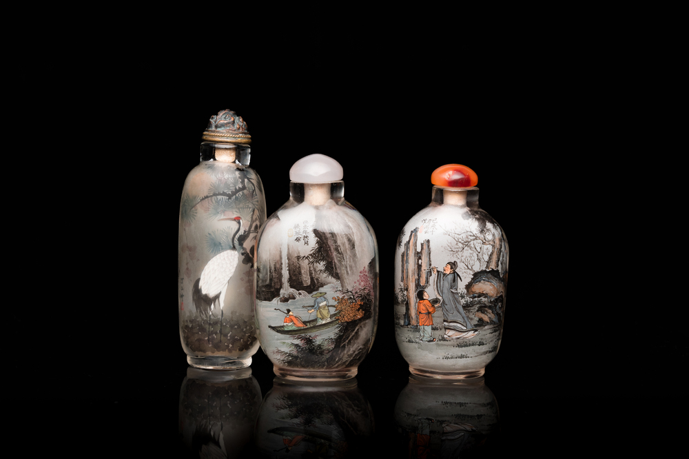 Three Chinese inside-painted glass snuff bottles, 20th C.