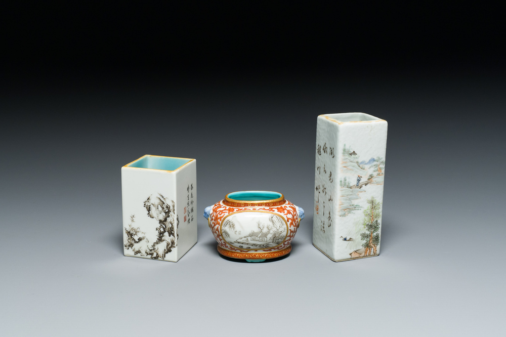 Two Chinese grisaille and qianjiang cai brush pots and a water pot, signature of Cheng Men 程門 and Qianlong marks, 20th C.
