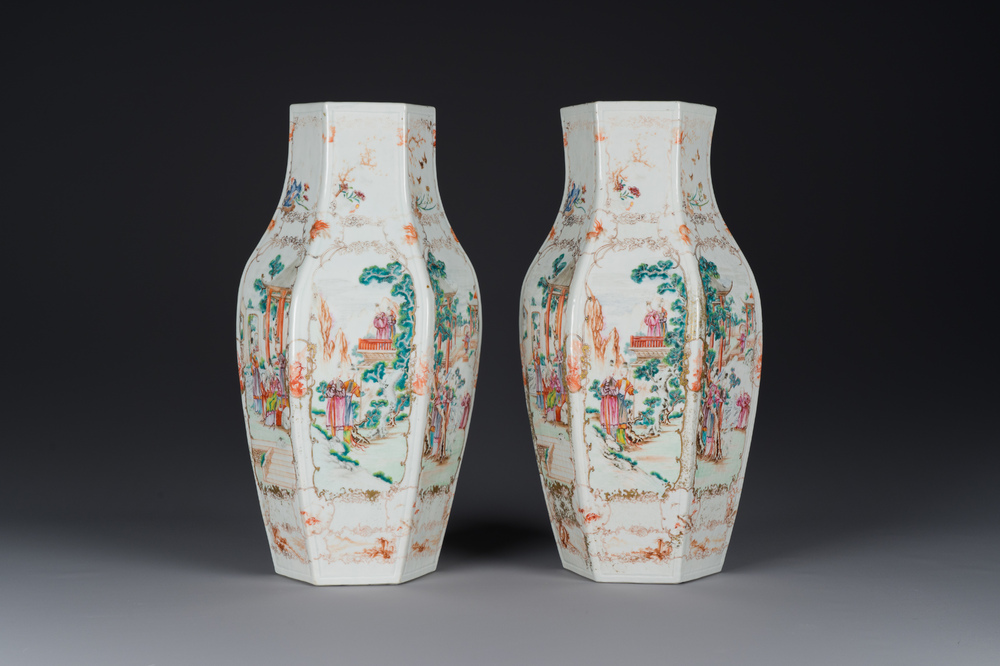 A pair of Chinese hexagonal Canton famille rose 'mandarin subject' vases, Qianlong