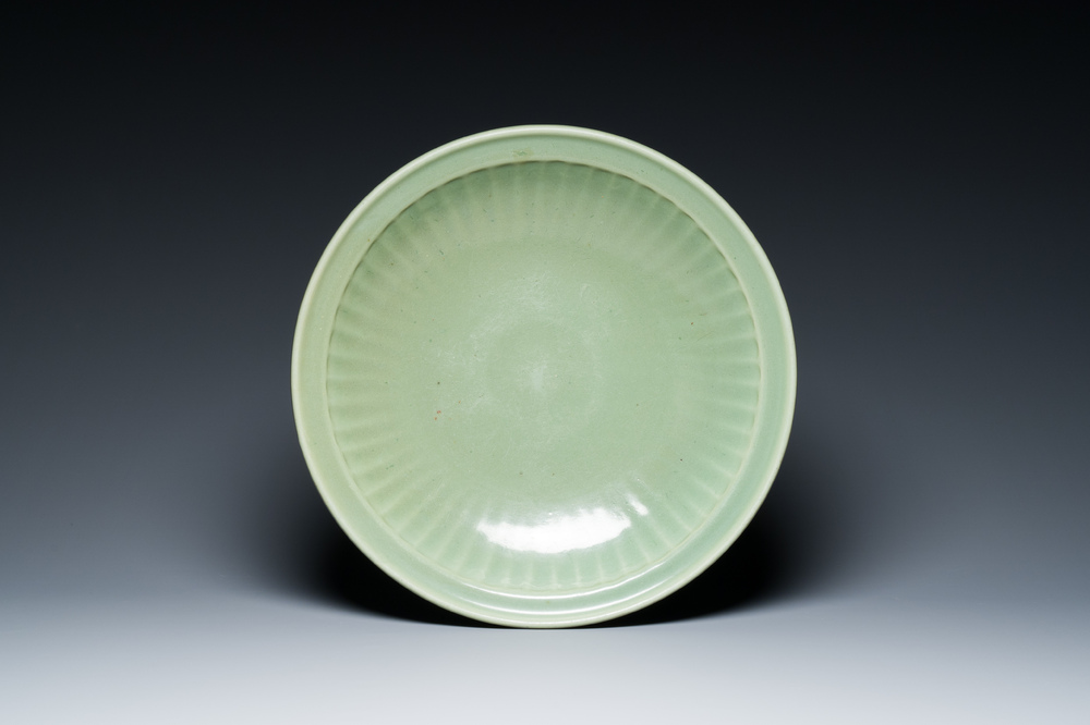 A large Chinese Longquan celadon dish, Yuan/Ming