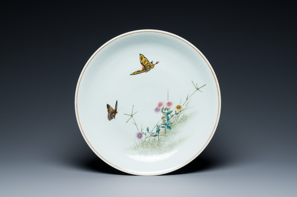 A Chinese famille rose 'butterflies' dish, Jingdezhen 景德鎮 mark, dated 1955