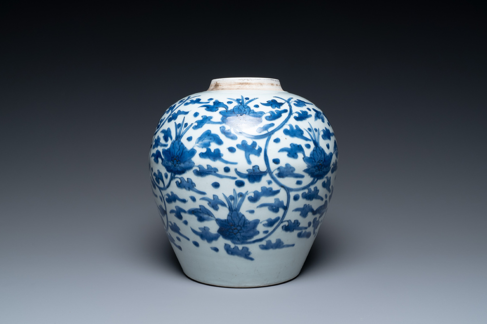 A Chinese blue and white 'lotus scroll' jar, Transitional period