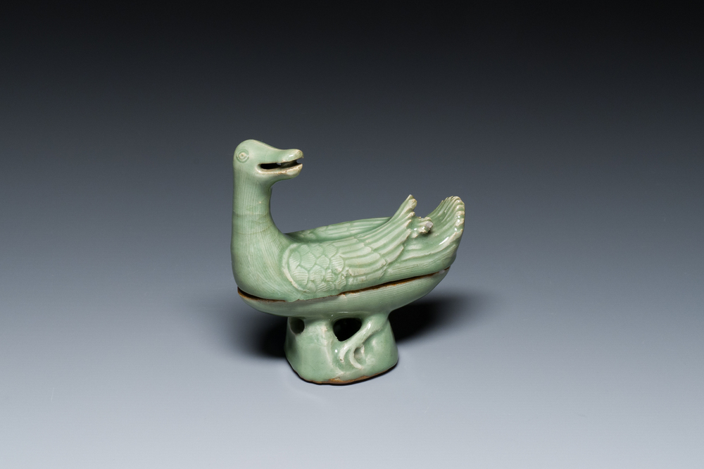 A Chinese Longquan celadon duck-form censer, Ming