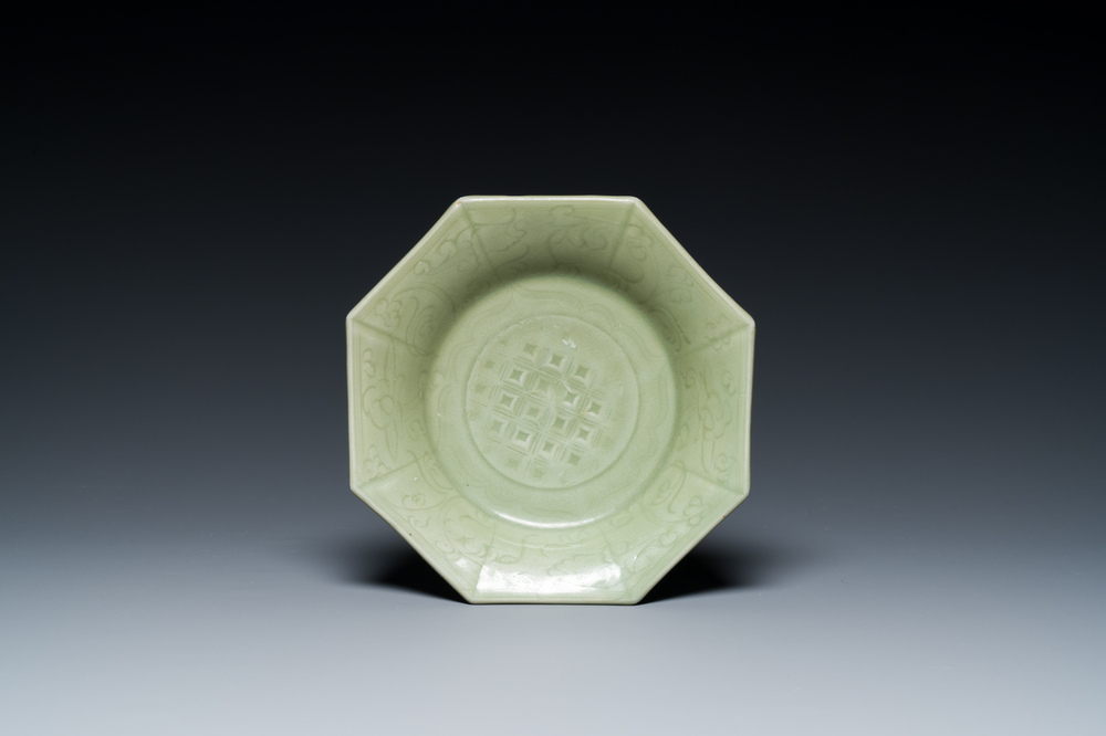 A Chinese octagonal Longquan celadon dish with underglaze design, Ming