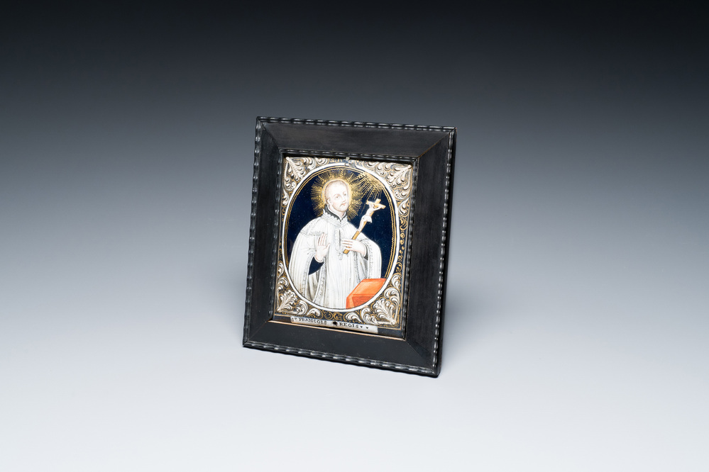 A Limoges enamel plaque depicting Saint Regis, signed Jean Baptiste II Nouailher, France, 18th C.