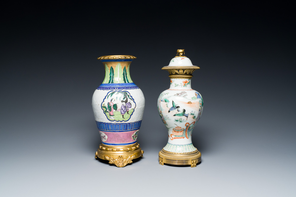 A Chinese famille verte vase and an enamelled Yixing stoneware vase with gilt bronze mounts, 19th C.