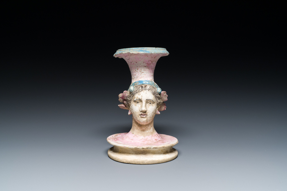 A polychrome Greek pottery vase with a woman's head, Canosa, Apulia, Italy, ca. 4th/3rd C. b.C.
