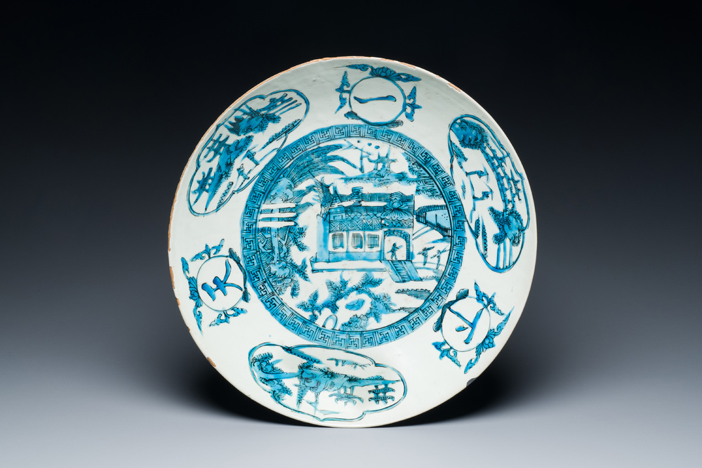 A deep Chinese  turquoise- and black-enamelled Swatow 'monastery' dish, Ming