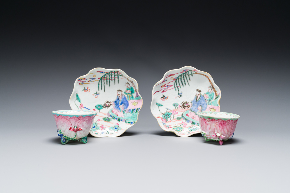 A pair of Chinese relief-decorated famille rose 'lotus' cups and saucers with a scholar and his servant, Yongzheng