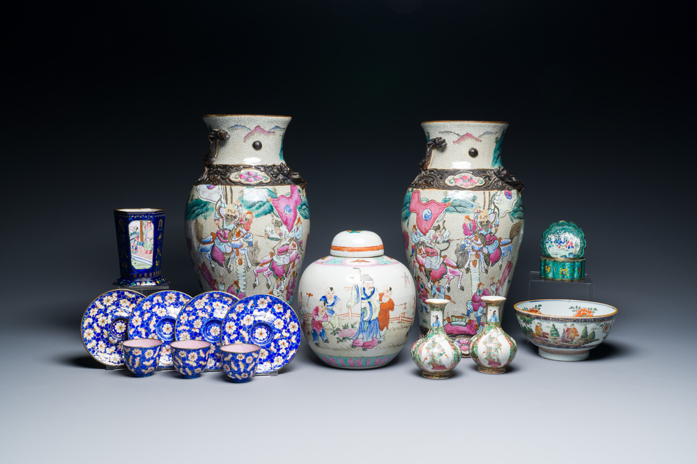 A varied collection of Chinese porcelain and Canton enamel, 18/19th C.