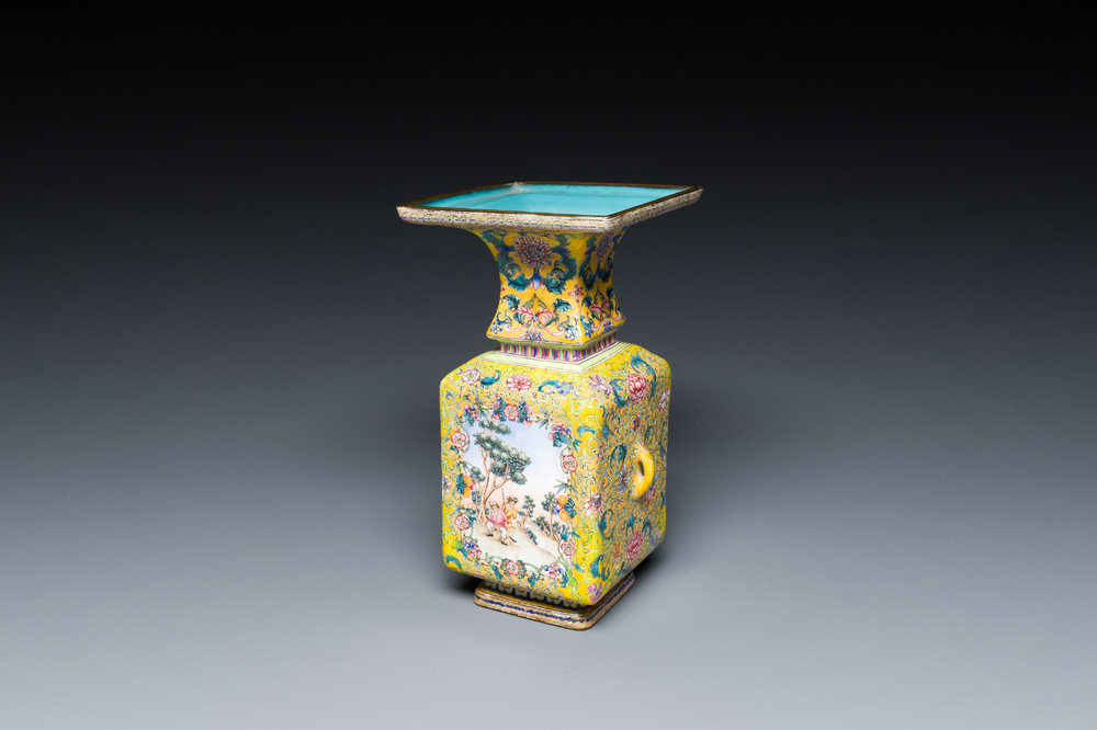 A Chinese yellow-ground Canton enamel 'European subject' vase, Qianlong mark and of the period