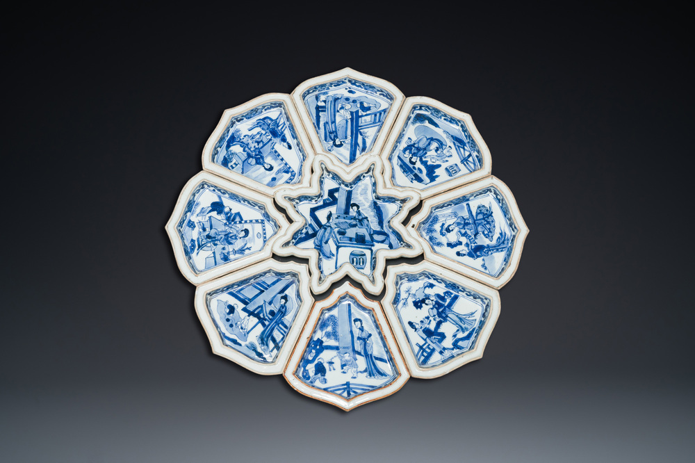 An exceptional Chinese blue and white nine-piece sweetmeat set, Kangxi