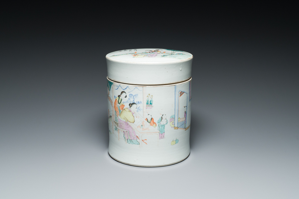 A large Chinese famille rose cylindrical jar and cover, signed Wang Peizhang 汪佩璋, Tongzhi mark, dated 1898