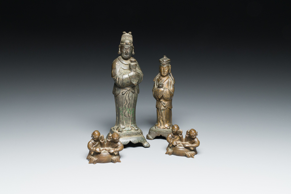 Two Chinese bronze sculptures and two paper- or scrollweights in the shape of boys playing the drums, Ming/Qing