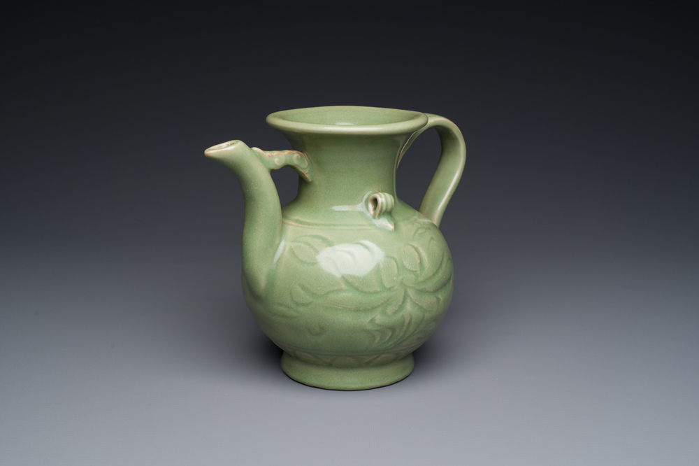 A Chinese Longquan celadon wine ewer with anhua design, Yuan/Ming
