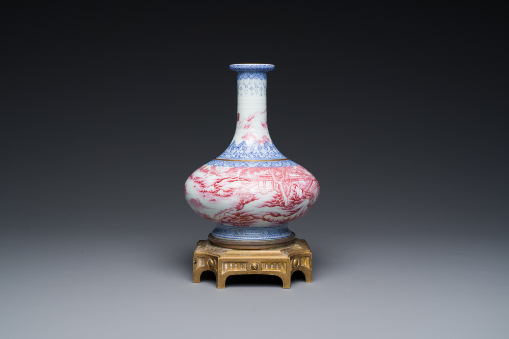 A Chinese blue-and-puce-enamelled bottle vase with a gilt bronze mount, 20th C.