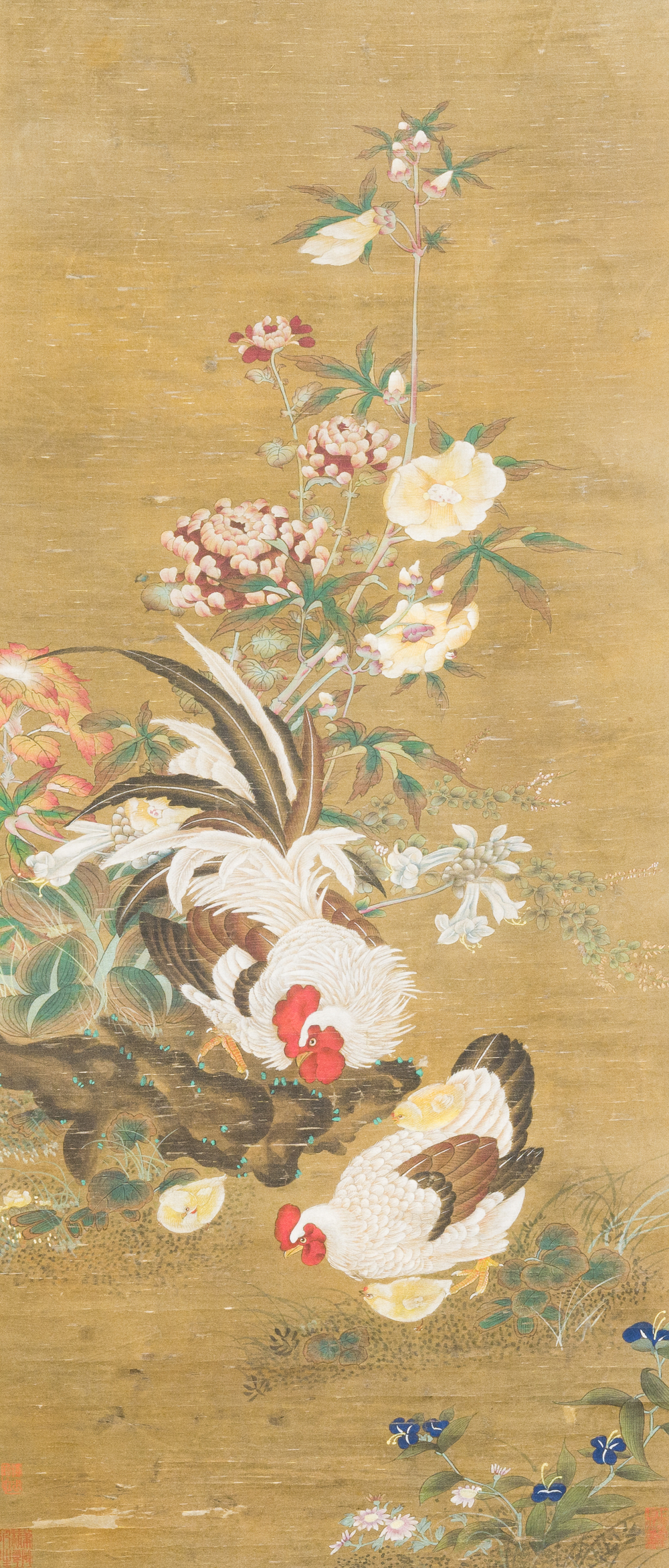 Chinese school: 'Rooster and flowers', ink and colour on silk, 19/20th C.