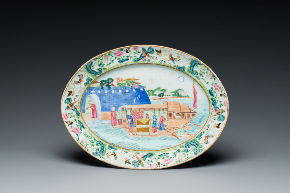 An inscribed oval Chinese Canton famille rose dish, Jiaqing/Daoguang