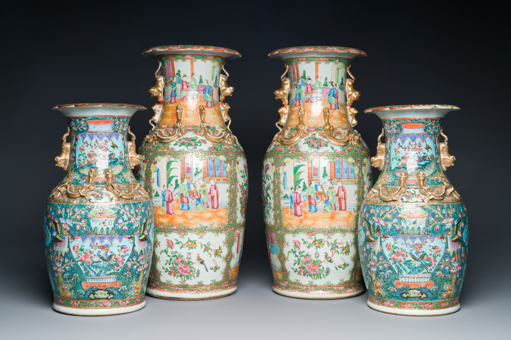 Two pairs of Chinese Canton famille rose vases, 19th C.