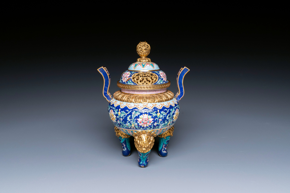 A Chinese 'imperial tribute' blue-ground Canton enamel incense burner and cover, Qianlong mark and of the period