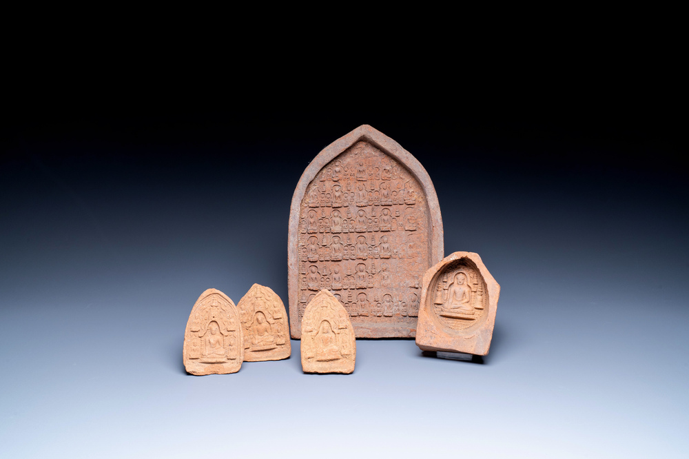 Five Burmese Buddhist votive pottery plaques, Pagan Period, 11/14th C.