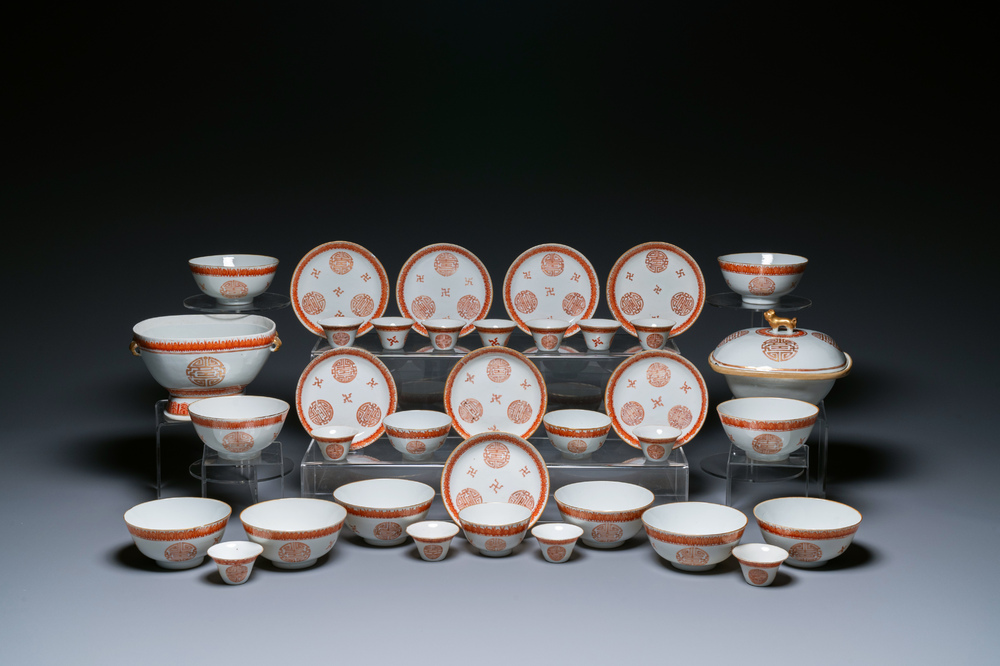 A Chinese iron-red and gilt 36-piece 'Shou' service, Tongzhi mark and of the period