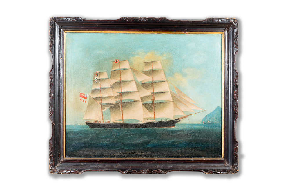 Canton school, China: 'A British merchant vessel at sea', oil on canvas in original Chippendale-style frame, 1st half 19th C.