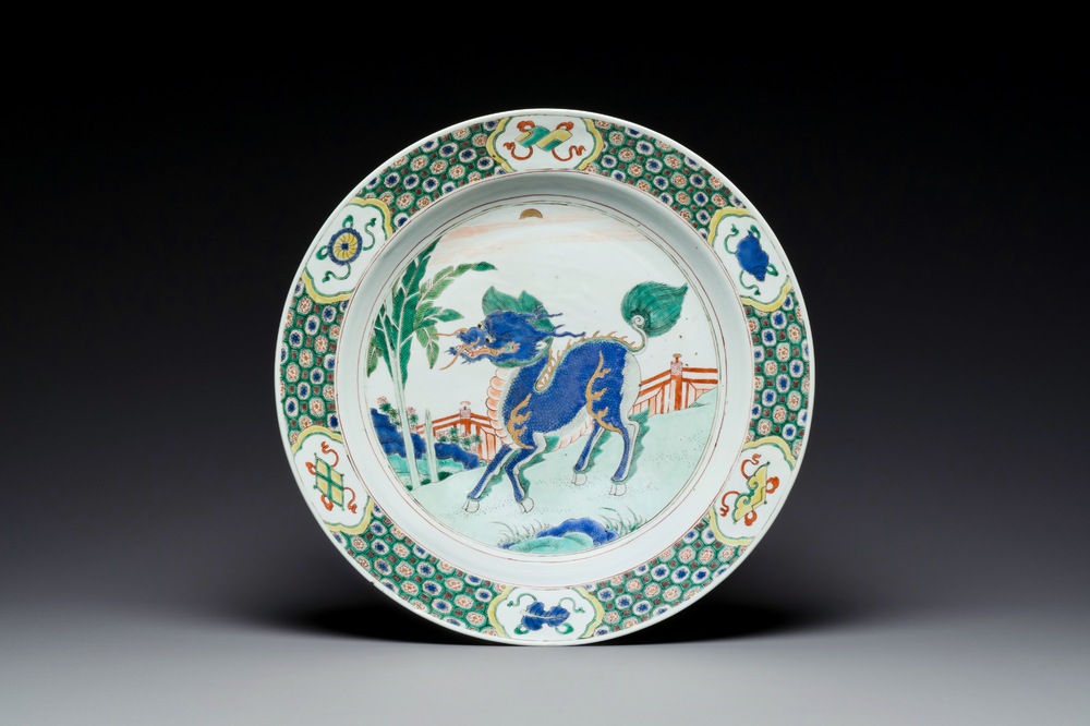 A Chinese famille verte 'kylin' dish, Kangxi