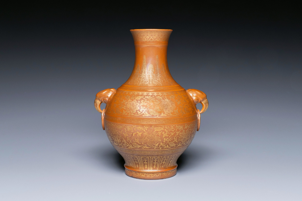 A Chinese brown-glazed 'hu' vase with gilt flower scrolls, Jiaqing mark and of the period