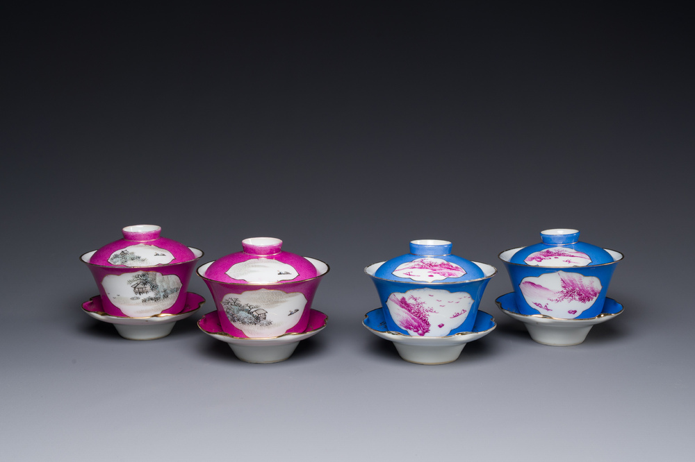 Two pairs of Chinese qianjiang cai covered bowls and saucers, Lin Lu 岺盧 signed, 19/20th C.