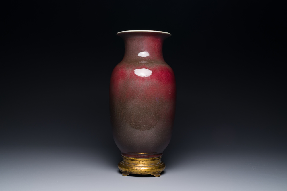 A Chinese monochrome copper-red-glazed vase with gilt bronze mount, 18/19th C