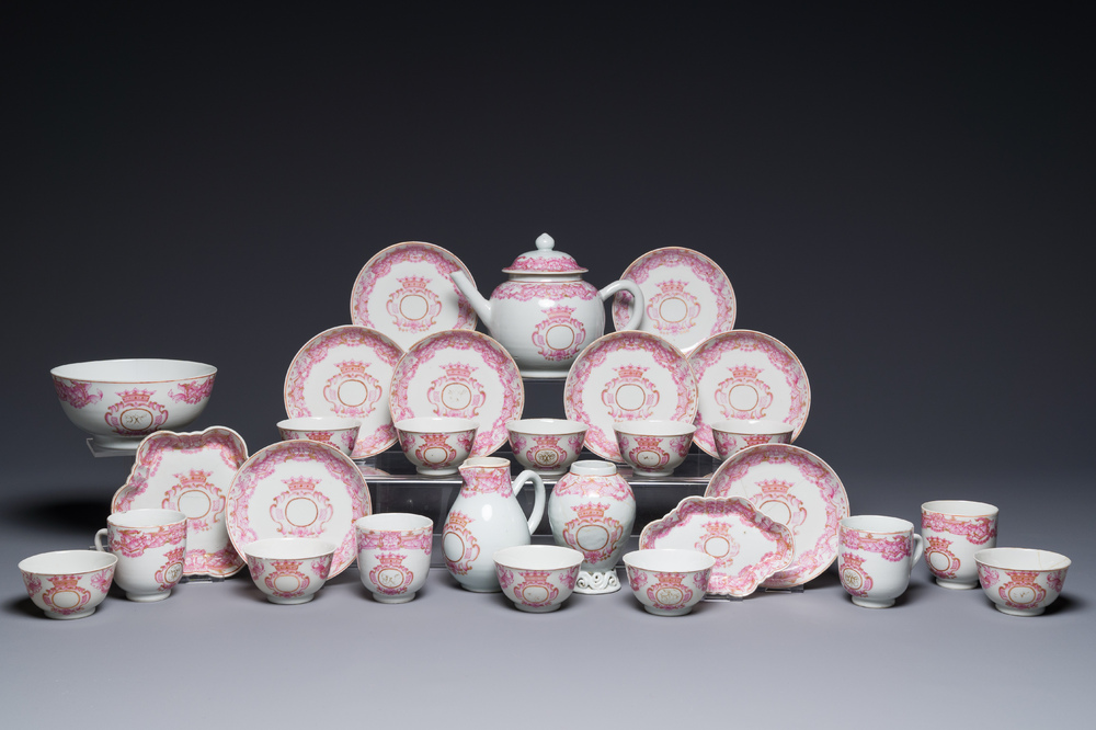 A 28-piece Chinese puce-enamelled and gilt armorial tea service with crowned monograms, Qianlong