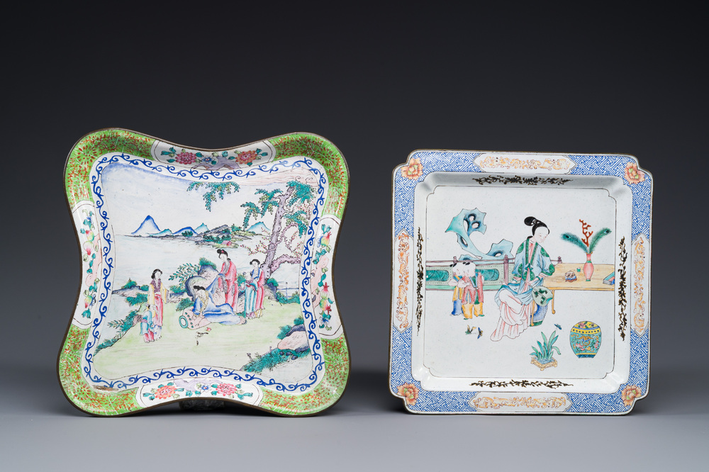Two Chinese Canton enamel square trays with narrative design, Shou 壽 mark, 18/19th C.