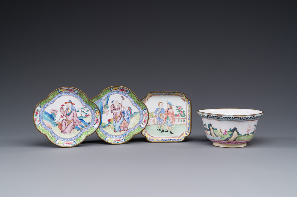 Three Chinese Canton enamel saucers and a bowl, Shangxin 赏心 mark, Yongzheng/Qianlong