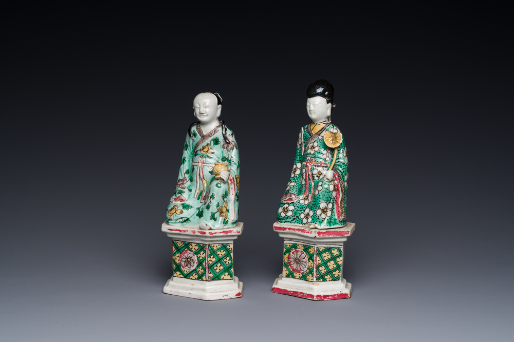Two Chinese verte biscuit figures on stands, Kangxi